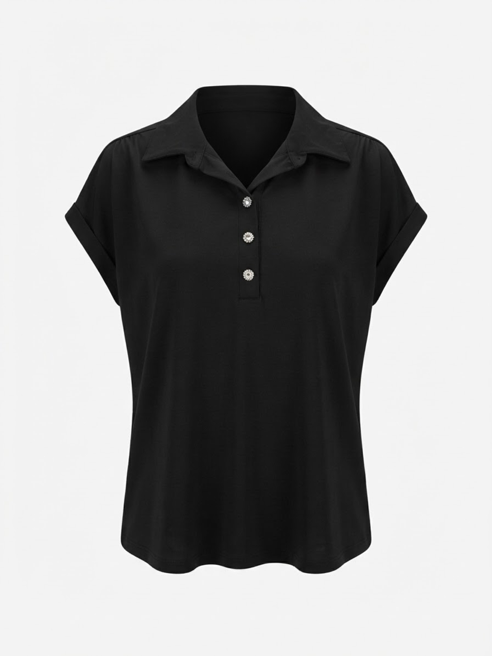 Black Short-Sleeve Polo Blouse with Decorative Buttons